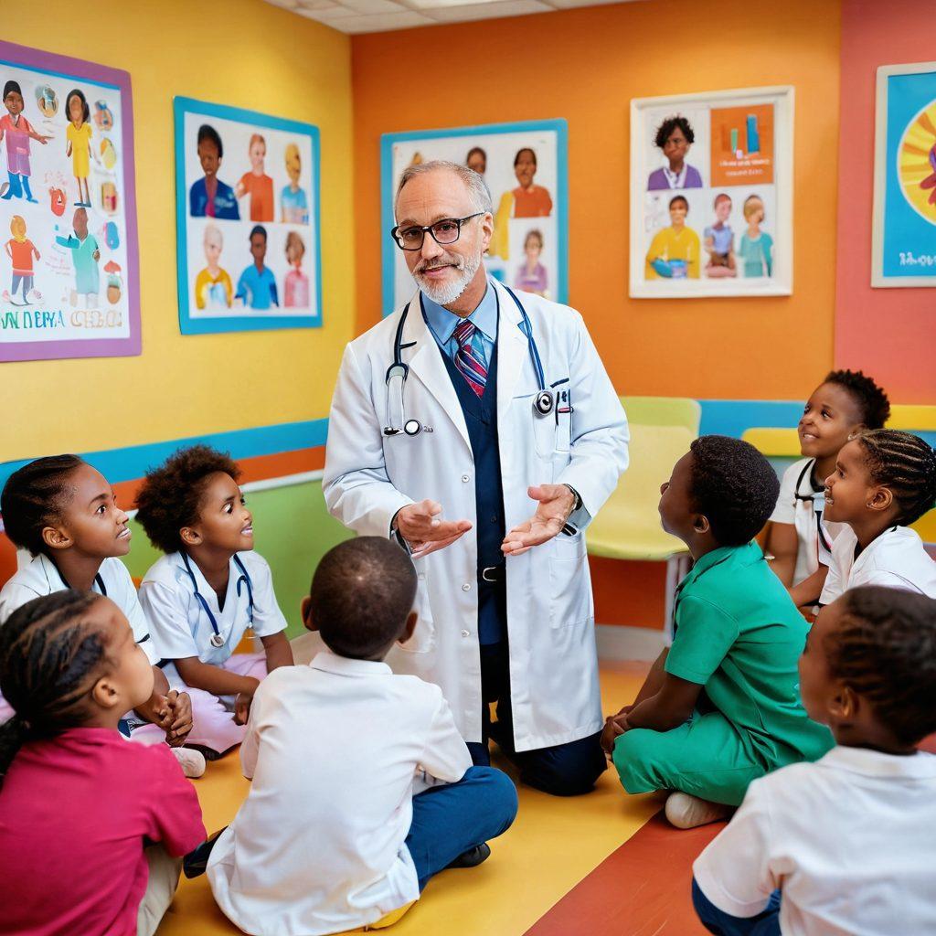 A caring pediatrician explaining health education to a group of attentive children in a colorful clinic setting. Use bright, uplifting colors and include educational posters related to health and oncology on the walls. Show the children's expressions of curiosity and understanding. Capture a supportive and nurturing atmosphere. super-realistic. vibrant colors. warm lighting.