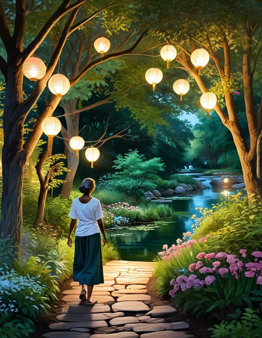 A serene landscape depicting a caregiver guiding a diverse group of people through a gentle path surrounded by lush greenery, symbolizing support and wellness. Include soft, warm lighting to establish a comforting atmosphere, with elements like a calm river and blooming flowers to represent growth. Add inspirational quotes on hanging paper lanterns to emphasize hope and encouragement. Style the image as a tranquil painting with vibrant colors.