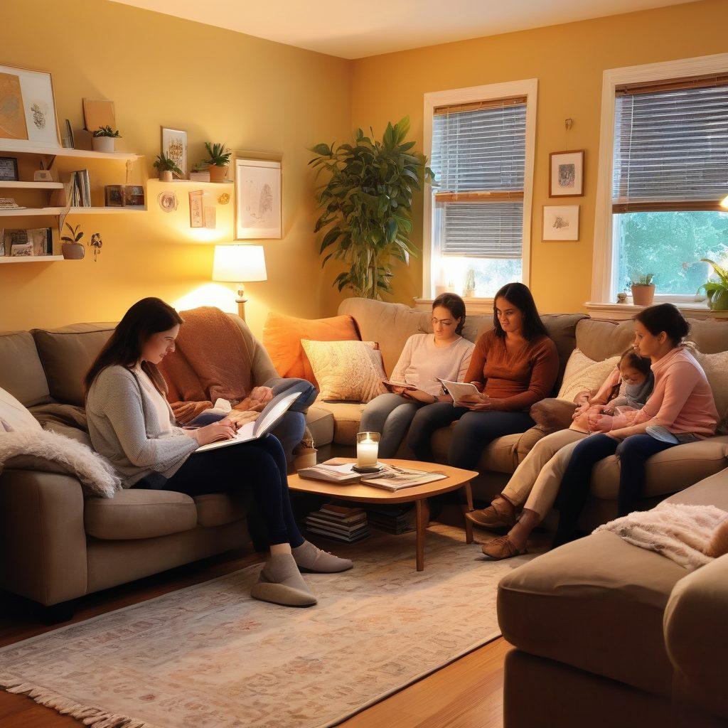 A comforting scene of a diverse group of parents and caregivers united in support, surrounded by various resources like books, pamphlets, and laptops displaying helpful websites. Soft, warm lighting illuminates their expressions of hope and determination, while subtle illustrations of childhood cancer awareness ribbons are integrated in the background. The setting is a cozy living room filled with plants and soft furnishings, creating a nurturing atmosphere. warm tones. soft focus. illustration.